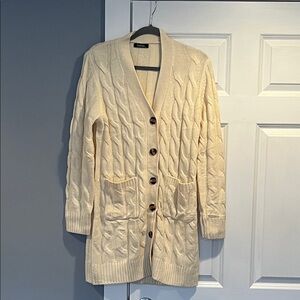 Long Cream Cable-Knit Button Cardigan with Patch Pockets